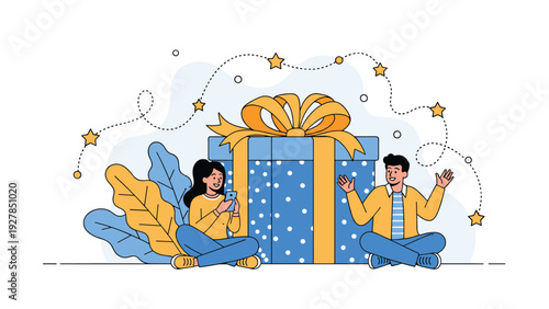 Happy man and woman sit next to a massive blue gift box with a large golden ribbon celebrating a special occasion or reward.
