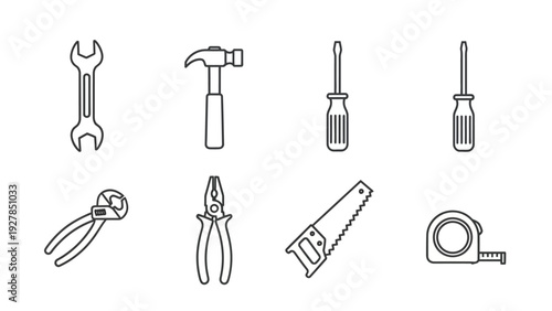 A collection of essential hand tools depicted in clean black and white line art outlines on a