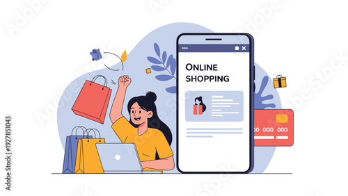 Excited young woman celebrates her purchases while sitting at her laptop next to a giant smartphone displaying an online shopping app.