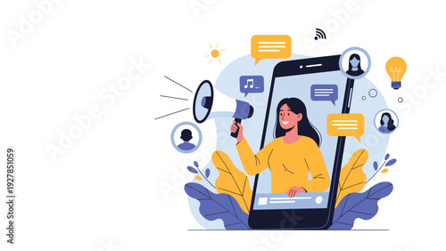 Vibrant young woman uses a megaphone while emerging from a smartphone screen to broadcast important digital marketing messages.