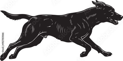 Black silhouette of a dog running, isolated on white background.