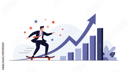Entrepreneur riding skateboard towards upward trending growth bar chart representing fast business success and speed.