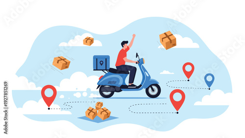 Happy delivery man riding blue scooter delivering parcels quickly across various map location pins against blue background.