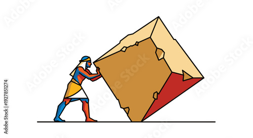Man Pushing Large Cube Graphic Illustration.