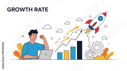Successful businessman using laptop while rocket takes off near rising growth bar chart symbolizing rapid business expansion.