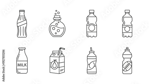 A collection of line art icons representing various drink containers and beverage packaging types