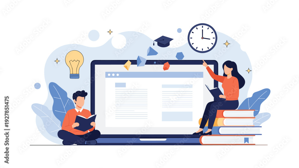 Fototapeta premium Students man and woman studying and reading books sitting on a giant laptop screen with lightbulb and clock icons.