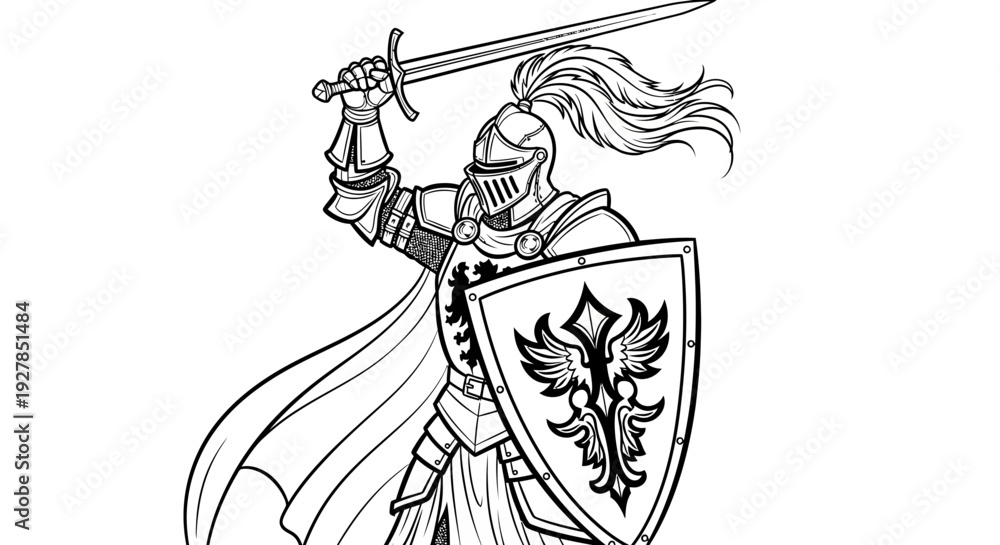 Obraz premium Knight in shining armor holding sword and shield isolated illustration