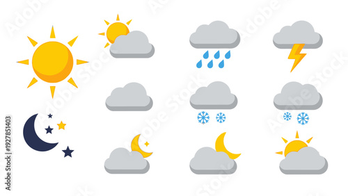 A collection of simple and colorful weather forecast icons including sun moon rain snow and