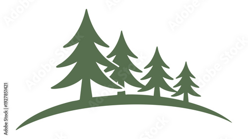 A cluster of stylized green pine trees on a gentle hill landscape.