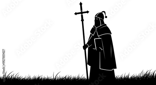 Silhouette of a religious figure holding a cross and book in black and white