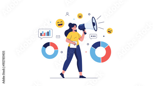 Confident businesswoman using megaphone to broadcast message among various data charts and happy emojis for marketing.