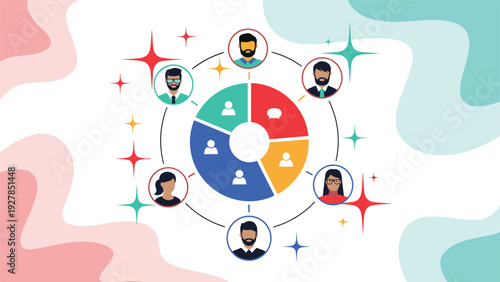 Group of diverse professional avatars connected around a colorful central pie chart for team data analysis concept.