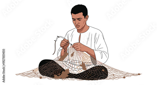 Man Sitting on Floor Knitting Sweater.