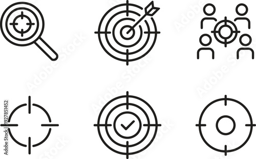 Precision targeting and focus icons. Marketing audience, goal setting, and data research. Vector illustration