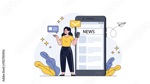 Young woman holding smartphone standing next to giant phone screen displaying online news and social messages.