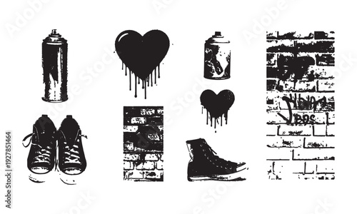 A black and white illustration of graffiti elements including spray paint cans, hearts, shoes, and brick walls.