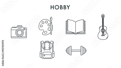 A collection of simple line art icons representing various hobbies and leisure activities