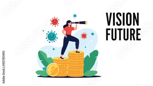 Visionary businesswoman standing on stacks of coins looking through telescope for future growth and opportunity vision.