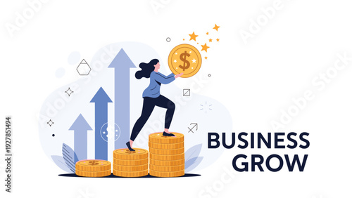 Ambitious businesswoman carrying a large gold coin while climbing up stacks of coins for business growth and success.