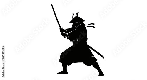 Silhouette of a samurai warrior with sword in action pose against white background