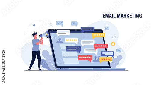 Professional man using megaphone to promote message next to giant laptop with customer star ratings for email marketing.