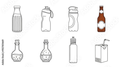 A collection of various beverage containers depicted as simple line art illustrations