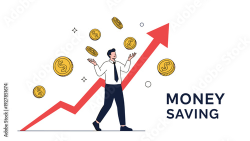 Successful motivated businessman juggling gold coins while walking up a large rising red arrow representing money saving and wealth growth.