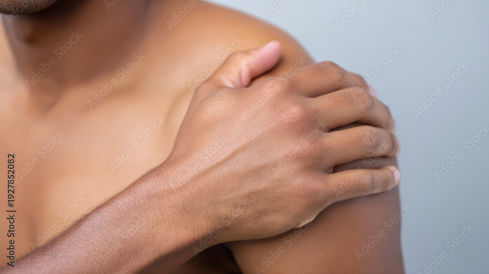 Fototapeta premium Man holding his painful shoulder, suffering from injury or discomfort. Health care and medical concept showing joint pain and need for treatment.