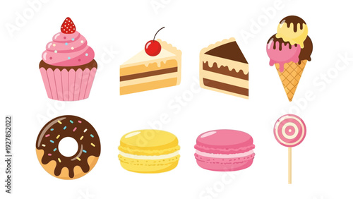 A delightful assortment of sweet treats including cupcakes, cake slices, donuts, macarons, and ice