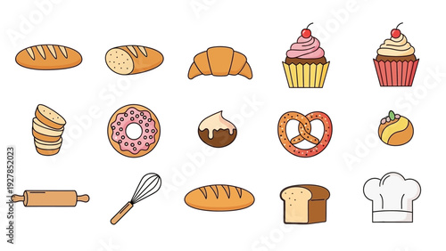 A delightful collection of cartoon-style bakery icons and baking tools for your projects