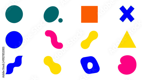 A graphic display featuring a variety of colorful abstract shapes and geometric figures against a