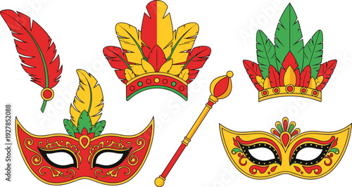 Carnival festival accessories icons set with masks feathers crowns and scepter colorful traditional flat vector illustration isolated