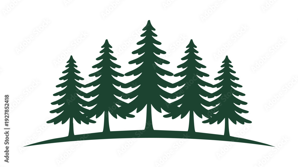 Fototapeta premium Green silhouette of five tall pine trees standing on a hillside