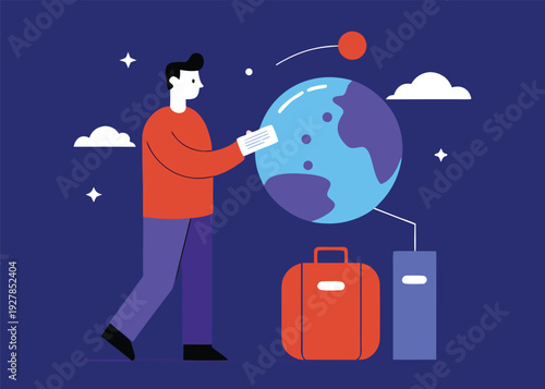 A man places a card onto a large globe, standing beside an orange suitcase and a blue block, with clouds and stars.