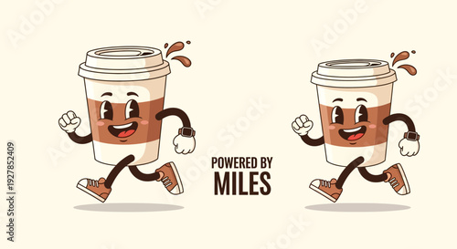 Cartoon coffee cups running with joy and energy together