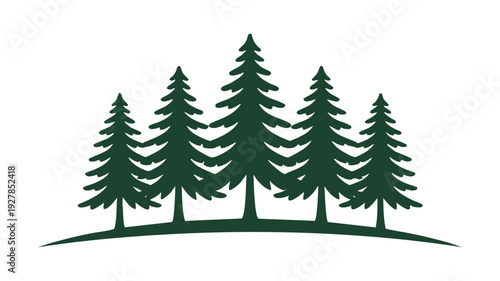 Green silhouette of five tall pine trees standing on a hillside