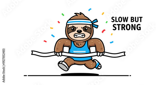 Cartoon sloth crossing finish line strongly in sporty attire and confident motion