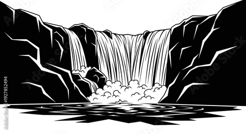 Monochrome waterfall scene vector illustration of cascading water and cliffs