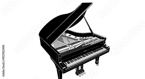 Elegant black grand piano illustration isolated on white background