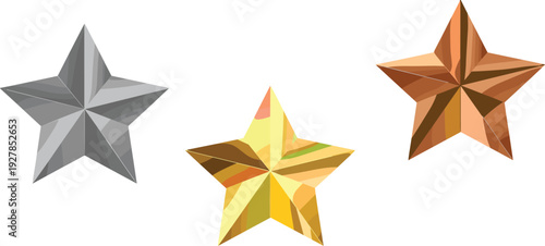 Low Poly Star Collection, Gold Silver Bronze Geometric 3D Stars Flat Vector Illustration for Award, Rating, and Achievement Design