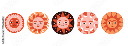 Sun face children colorful doodle illustration set. Spring or summer solar symbol, 60s 70s cartoon retro character. Fashionable modern vintage bright picture for decoration, nursery, book cover.