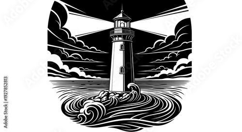 Monochrome lighthouse illustration with ocean waves under a cloudy sky