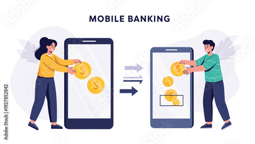 Young man and woman transferring gold coins between two large smartphones for mobile banking and digital payment.