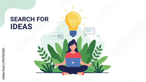 Peaceful woman meditating with laptop and a glowing lightbulb among green leaves representing creative search for ideas.