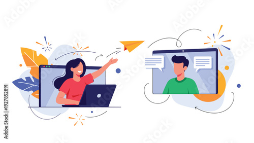 Young woman on laptop sending a paper plane through a digital screen to a man during an online video communication.