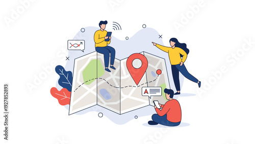 Group of young people exploring a large unfolded map with a red location pin to plan their next travel adventure or route.