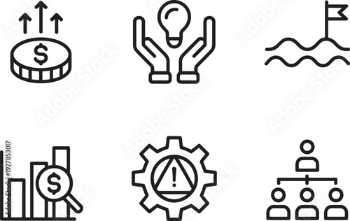 Strategic management and risk analysis icons. Financial growth, problem solving, and team hierarchy. Vector illustration