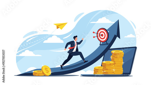 Determined businessman running up a rising trend arrow towards a target bullseye while golden coins stack on a laptop screen.