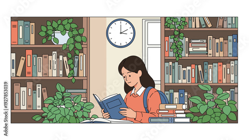 Young girl sitting at a desk and reading a book in a cozy library surrounded by tall bookshelves and lush green potted plants.